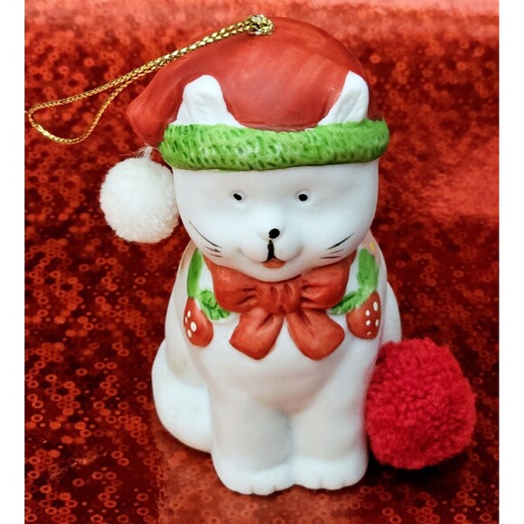 Cat Porcelain Bell Ornament Christmas Ring-A-Lings BOA 1988 Hat Scarf Fluff Tail - Picture 7 of 11